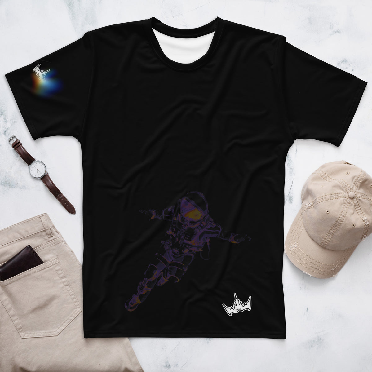 “INFINITE” & CROWN™ bottom-edge logo & design print [men's crew neck t-shirt] — Front view