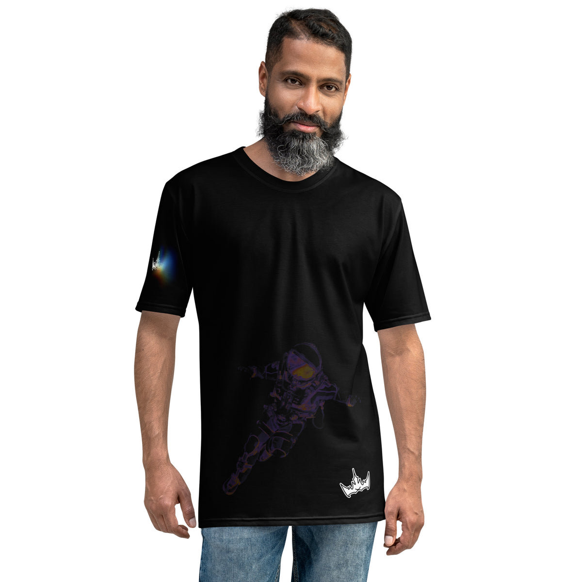 “INFINITE” & CROWN™ bottom-edge logo & design print [men's crew neck t-shirt] — Front view