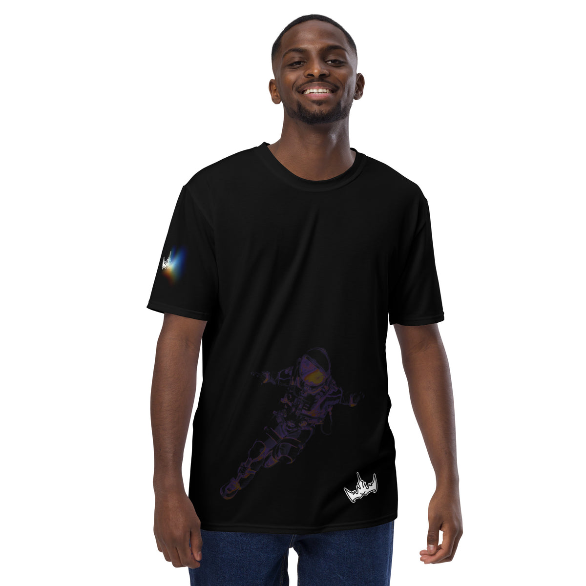 “INFINITE” & CROWN™ bottom-edge logo & design print [men's crew neck t-shirt] — Front view