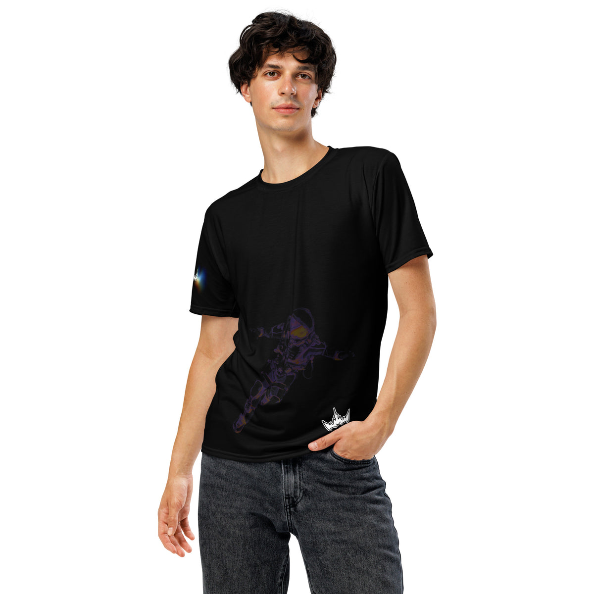 “INFINITE” & CROWN™ bottom-edge logo & design print [men's crew neck t-shirt] — Front view