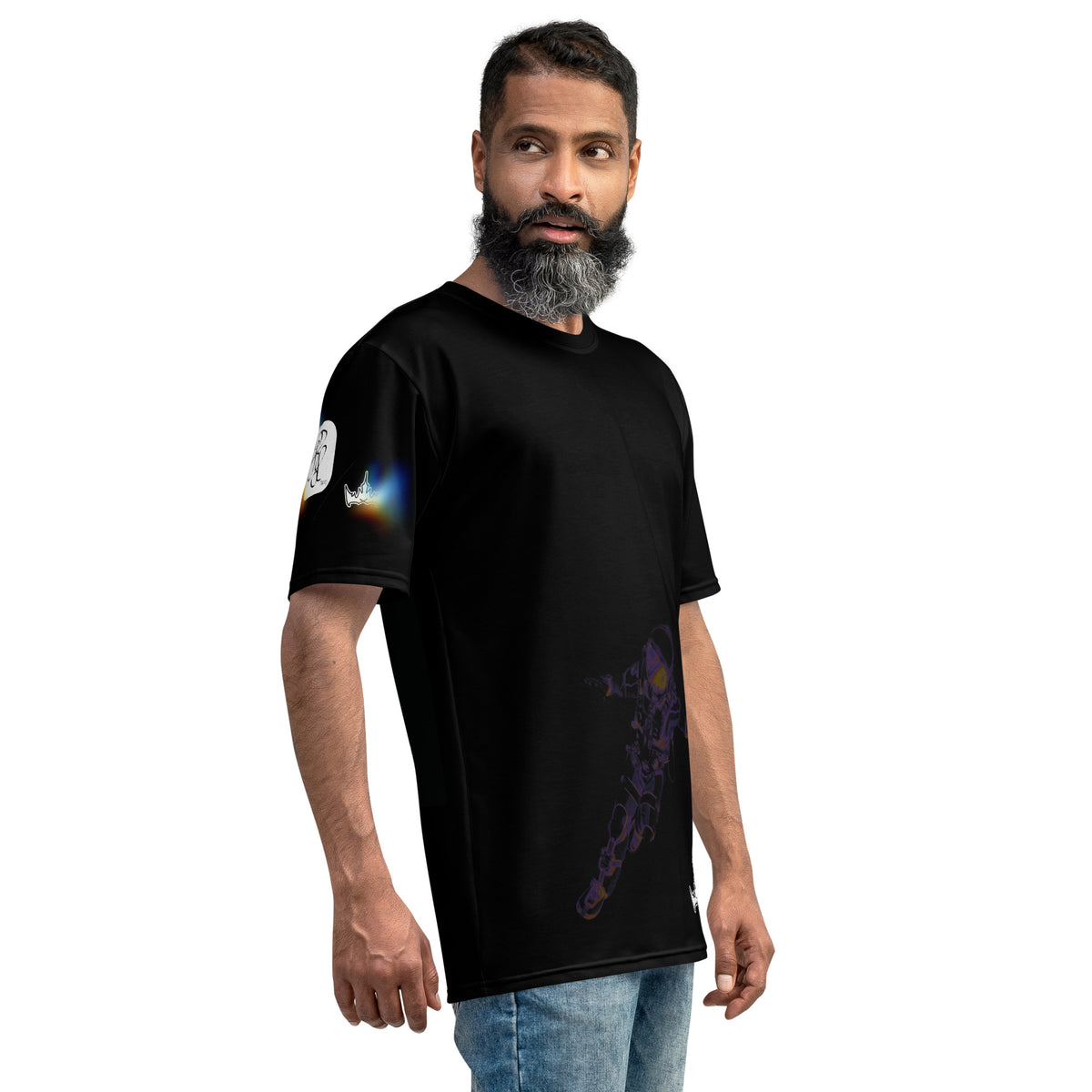 “INFINITE” & CROWN™ bottom-edge logo & design print [men's crew neck t-shirt] — Right side view