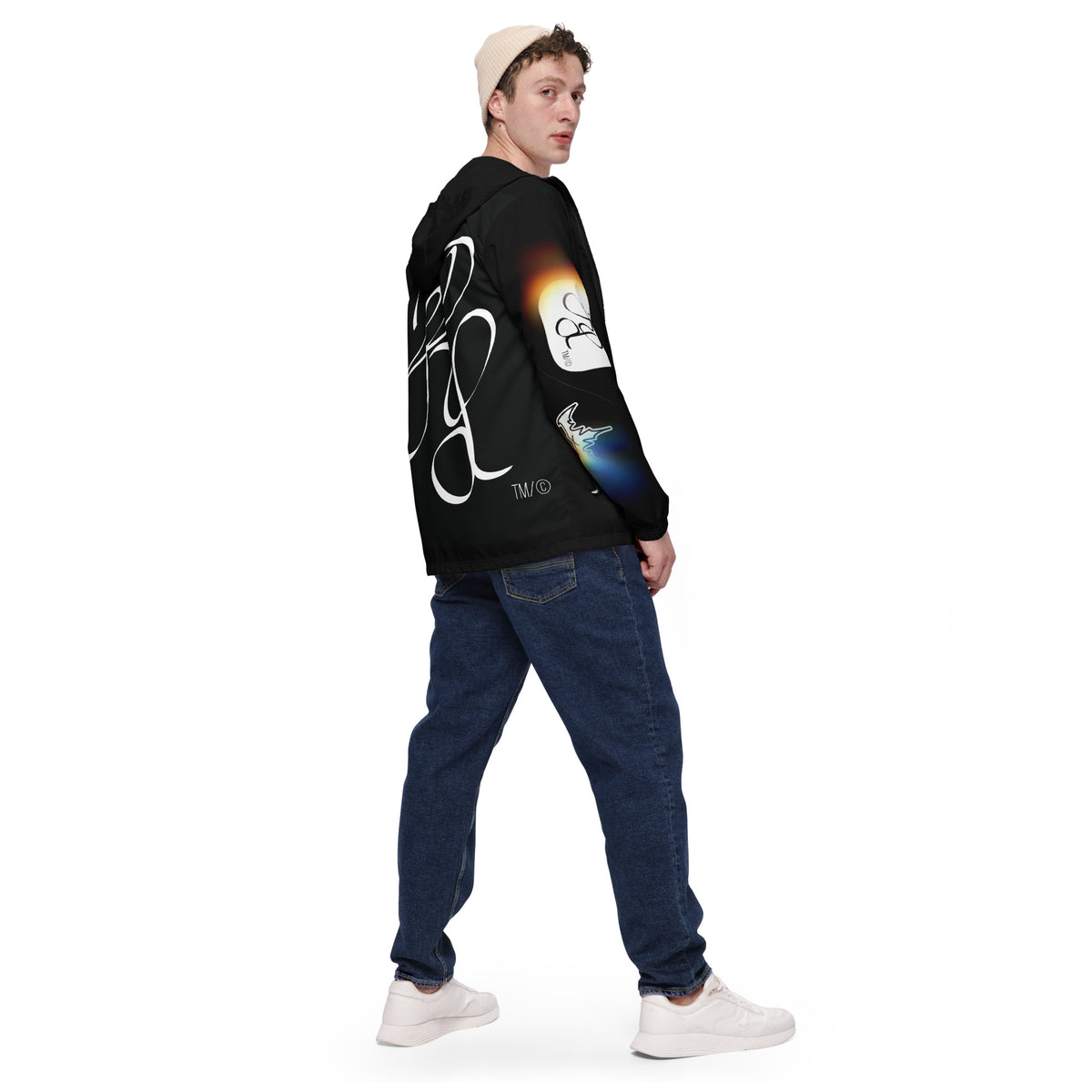 “FIRE” & CROWN™ bottom-edge logo & design print [men’s windbreaker] — Back view