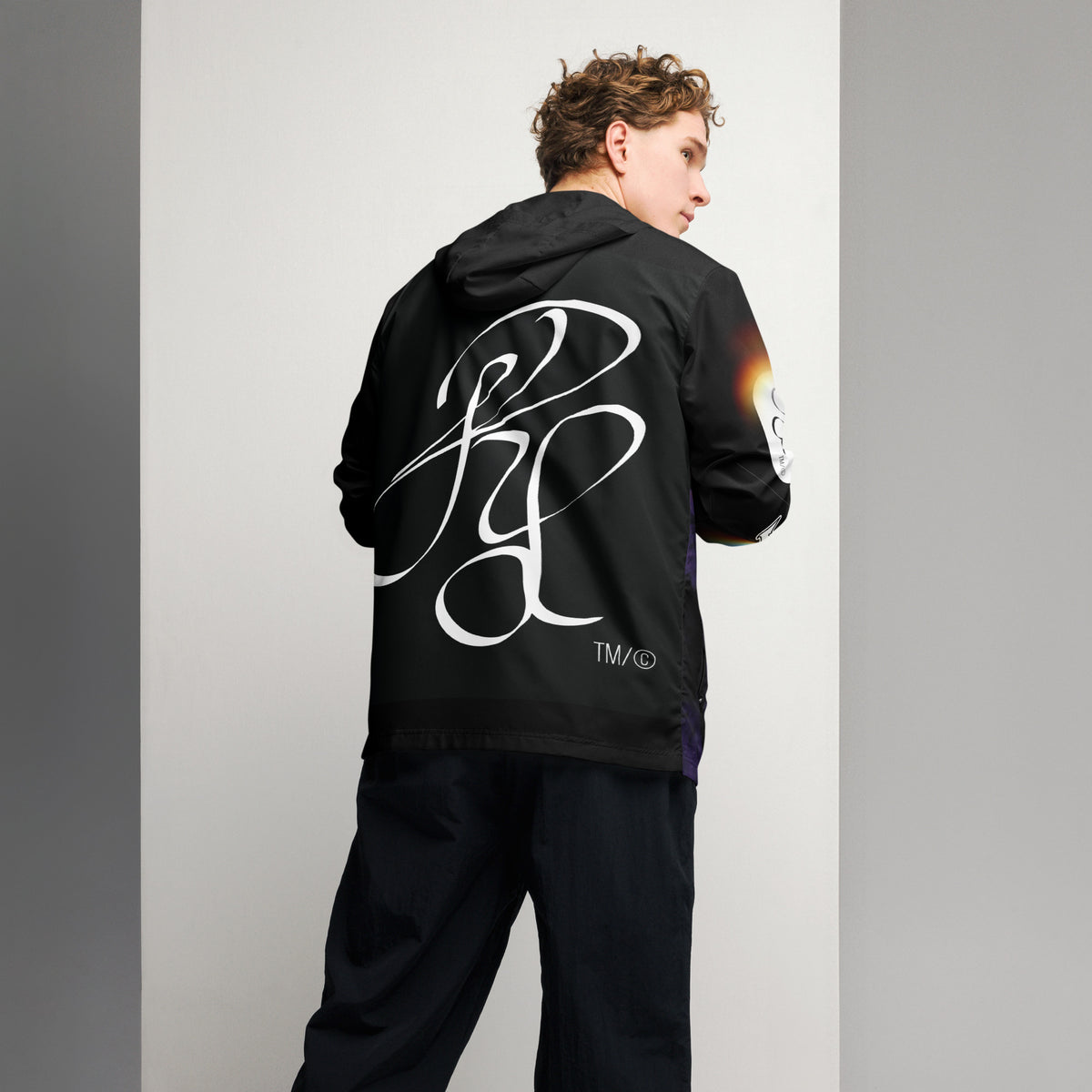 “POWER” & CROWN™ bottom-edge logo & design print [men’s windbreaker] — Back view