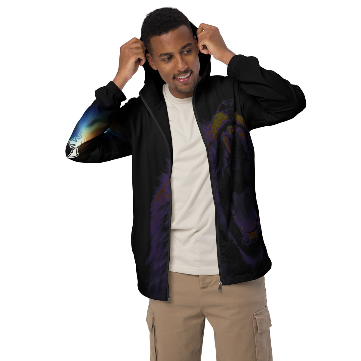 “FIRE” & CROWN™ bottom-edge logo & design print [men’s windbreaker] — Front view