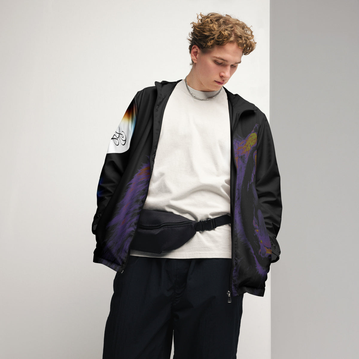 “FIRE” & CROWN™ bottom-edge logo & design print [men’s windbreaker] — Front view