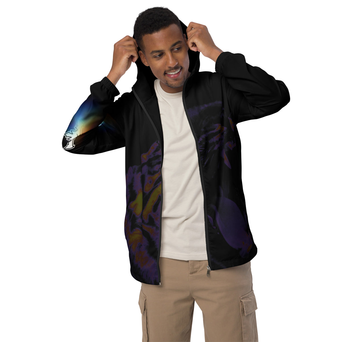 “POWER” & CROWN™ bottom-edge logo & design print [men’s windbreaker] — Front view