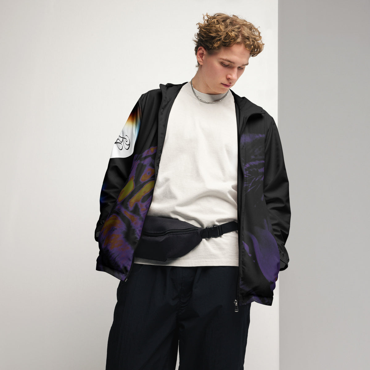 “POWER” & CROWN™ bottom-edge logo & design print [men’s windbreaker] — Front view