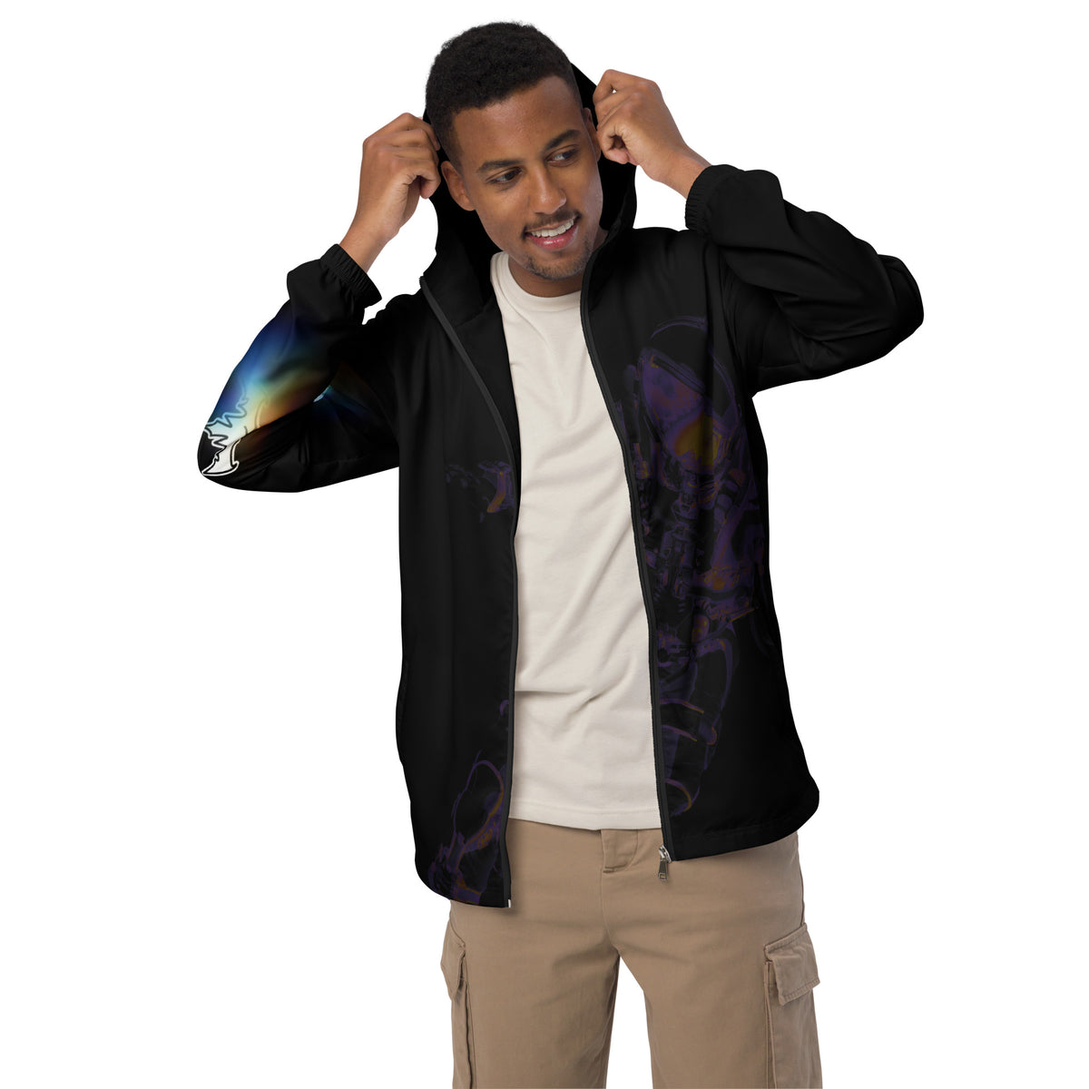 “INFINITE” & CROWN™ bottom-edge logo & design print [men’s windbreaker] — Front view