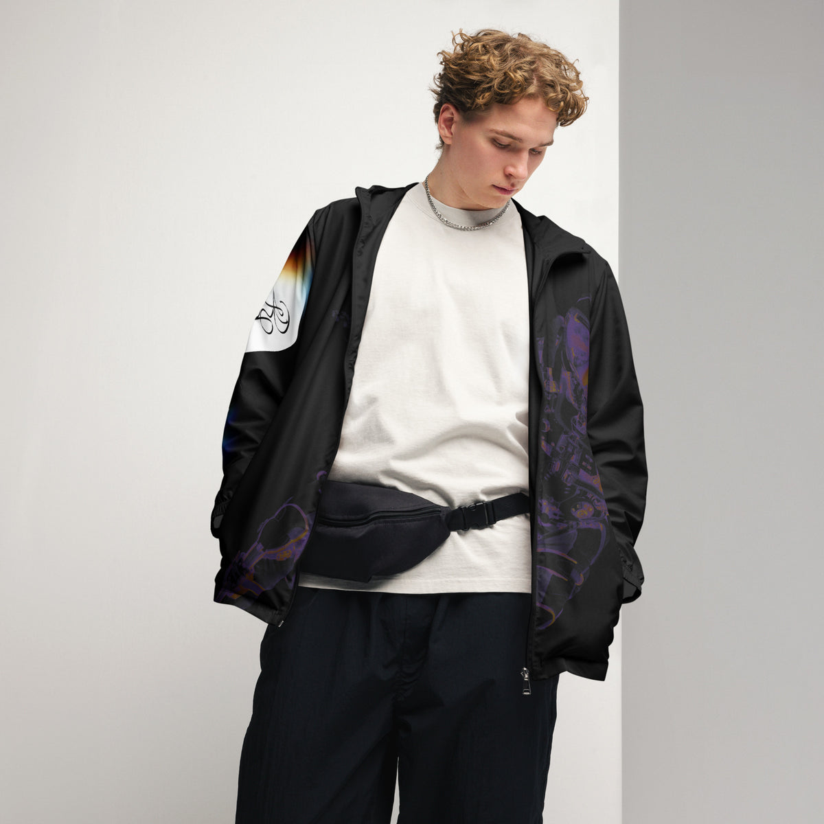 “INFINITE” & CROWN™ bottom-edge logo & design print [men’s windbreaker] — Front view