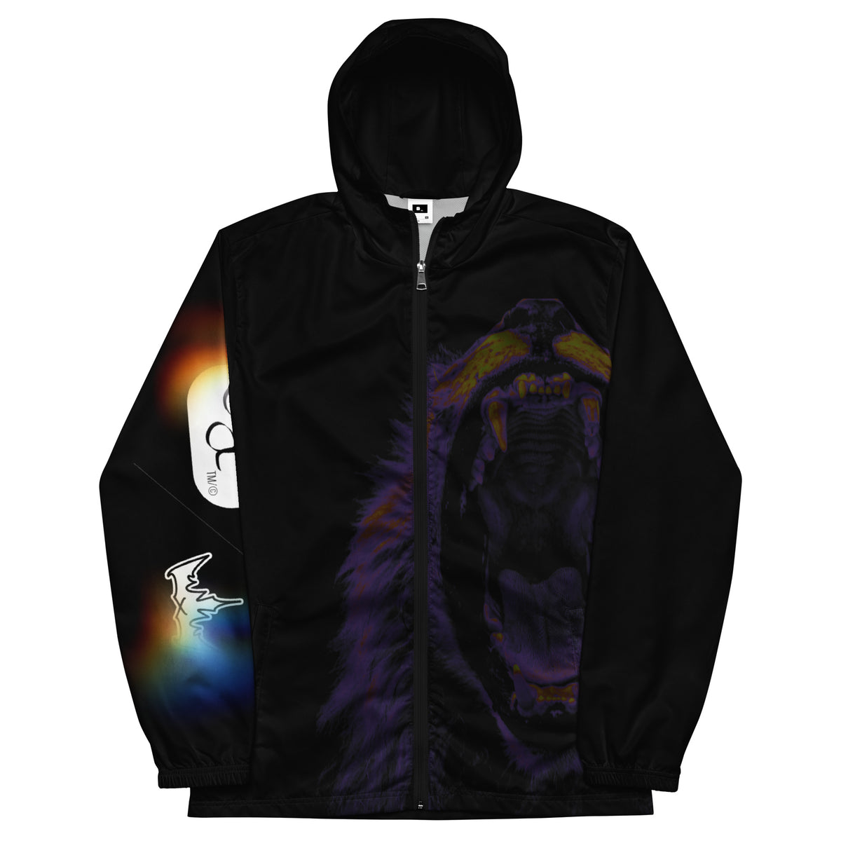 “FIRE” & CROWN™ bottom-edge logo & design print [men’s windbreaker] — Front view