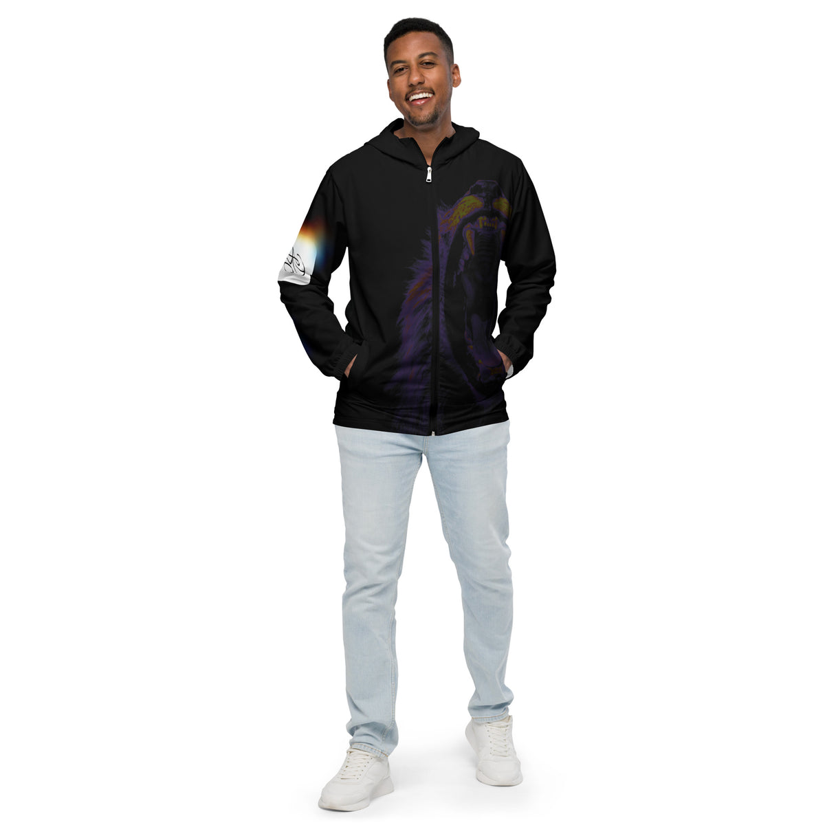 “FIRE” & CROWN™ bottom-edge logo & design print [men’s windbreaker] — Front view