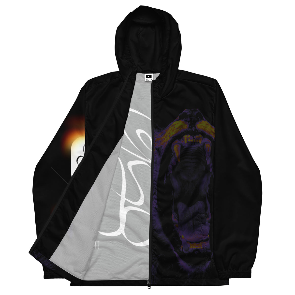 “FIRE” & CROWN™ bottom-edge logo & design print [men’s windbreaker] — Front view