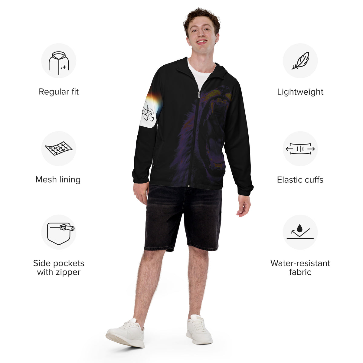 “FIRE” & CROWN™ bottom-edge logo & design print [men’s windbreaker] — Front view