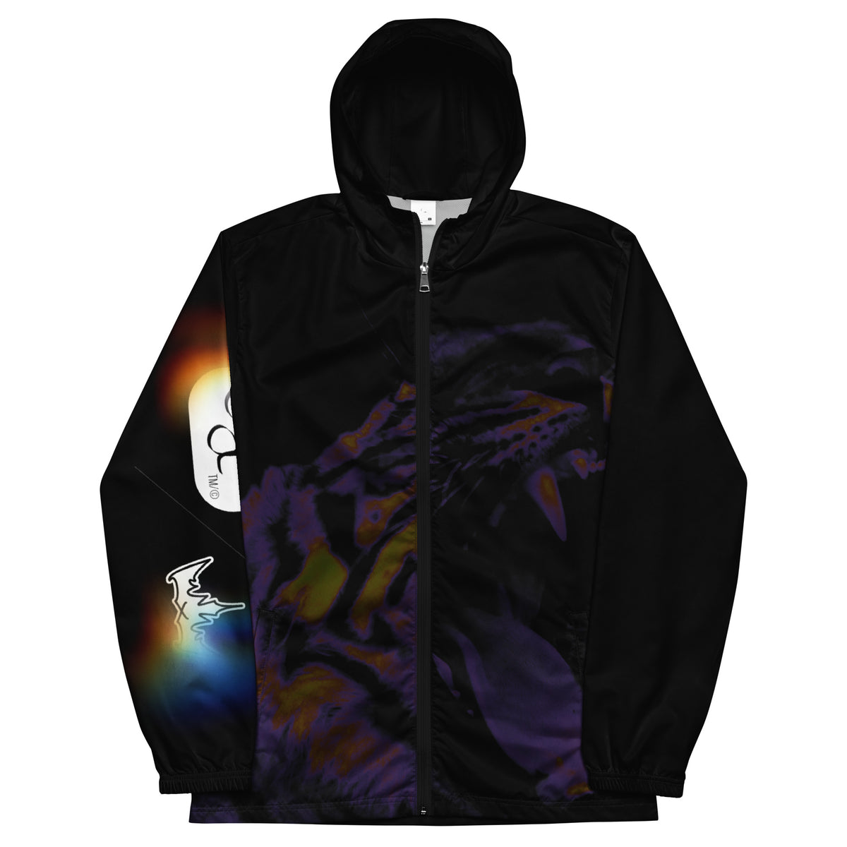 “POWER” & CROWN™ bottom-edge logo & design print [men’s windbreaker] — Front view
