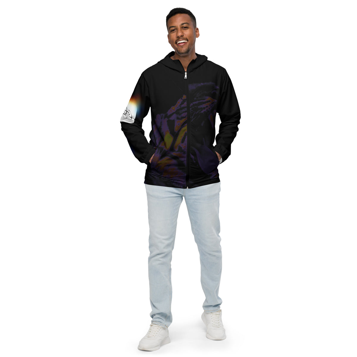 “POWER” & CROWN™ bottom-edge logo & design print [men’s windbreaker] — Front view