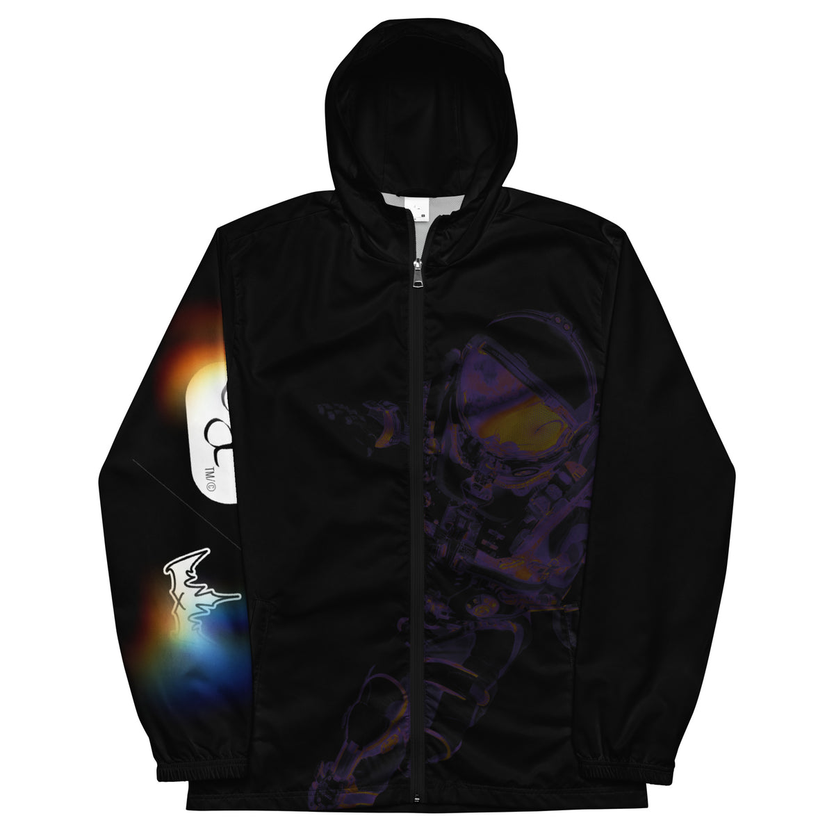 “INFINITE” & CROWN™ bottom-edge logo & design print [men’s windbreaker] — Front view