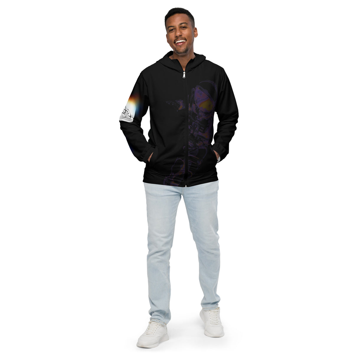 “INFINITE” & CROWN™ bottom-edge logo & design print [men’s windbreaker] — Front view