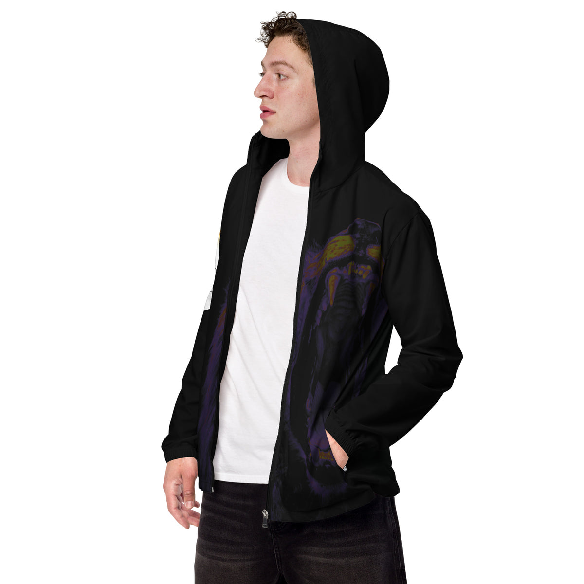 “FIRE” & CROWN™ bottom-edge logo & design print [men’s windbreaker] — Left-front view