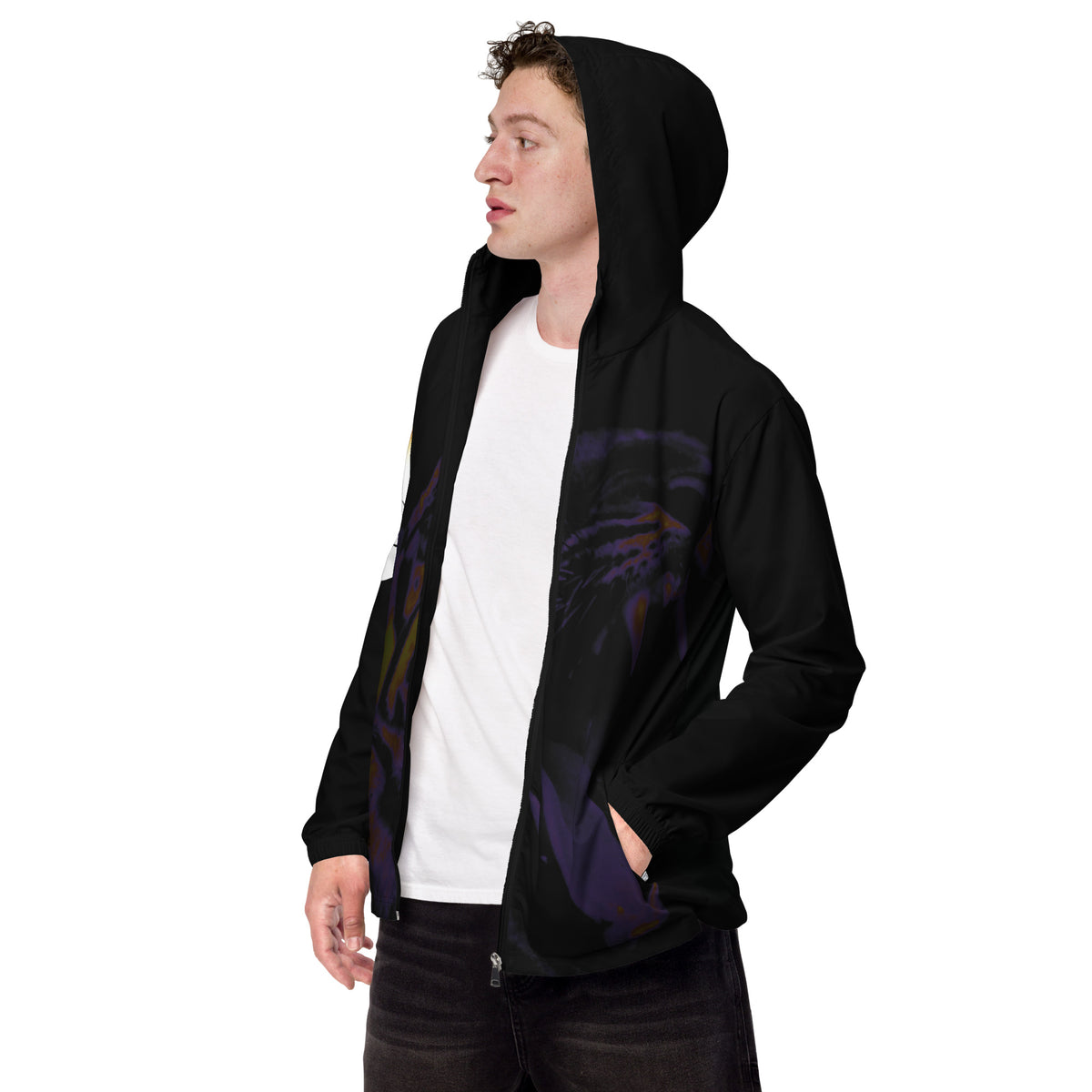 “POWER” & CROWN™ bottom-edge logo & design print [men’s windbreaker] — Left-front view