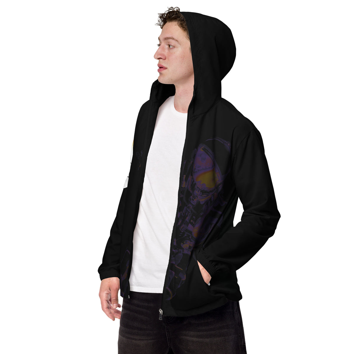 “INFINITE” & CROWN™ bottom-edge logo & design print [men’s windbreaker] — Left-front view