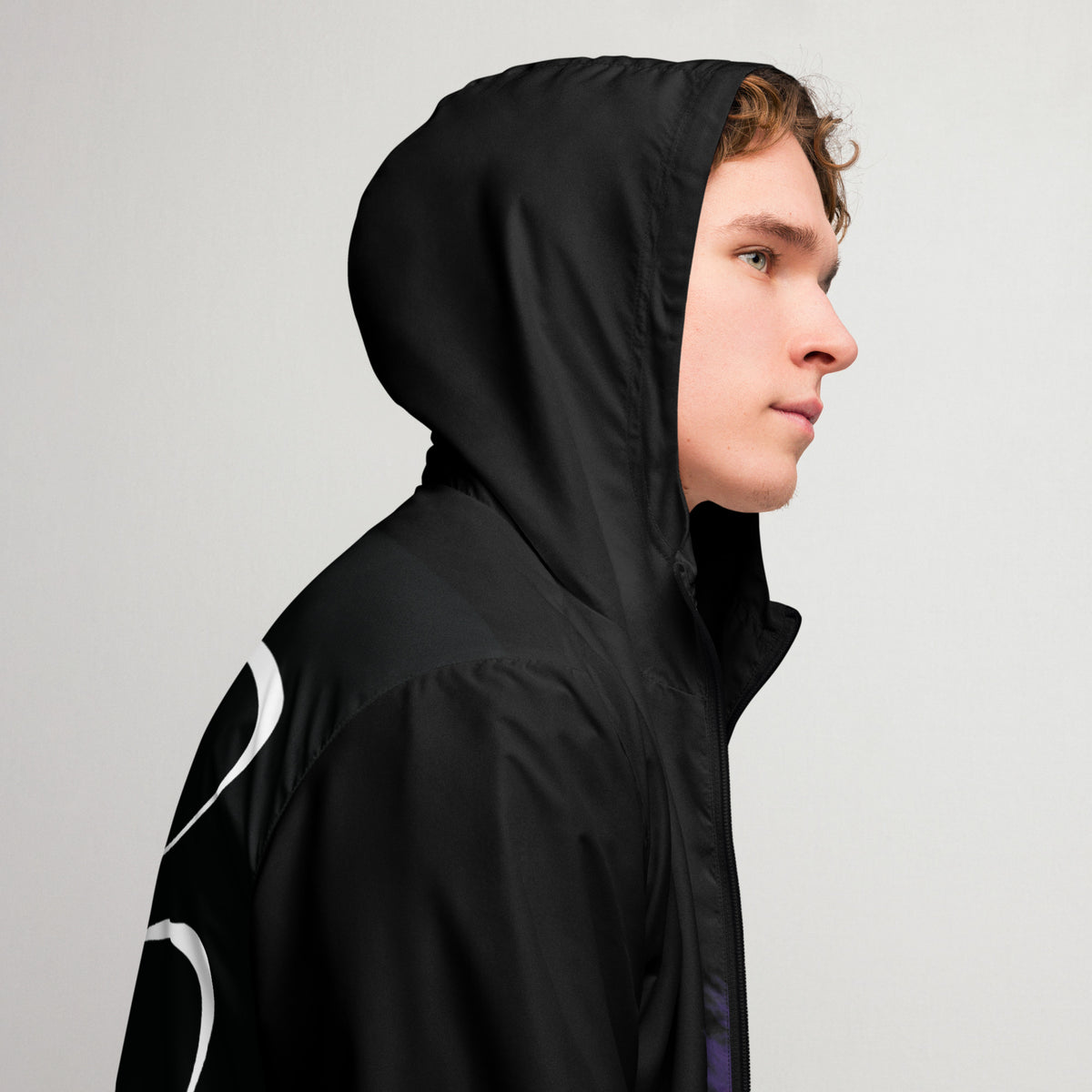 “FIRE” & CROWN™ bottom-edge logo & design print [men’s windbreaker] — Right side view