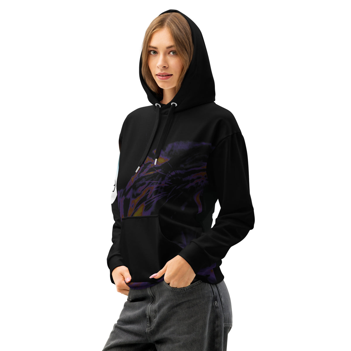 “POWER” & CROWN™ bottom-edge logo & design print [unisex cotton hoodie] — Left-front view