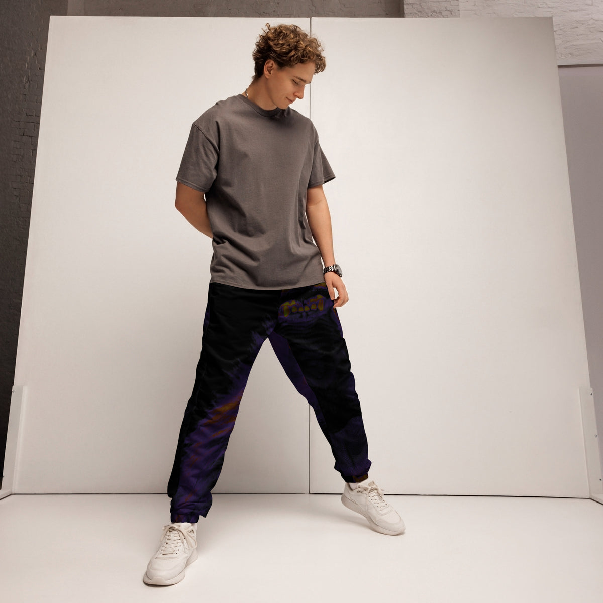 “FIRE” & CROWN™ logo print [unisex track pants]—official (black-on-black) · Exclusive, limited-release all-black variant