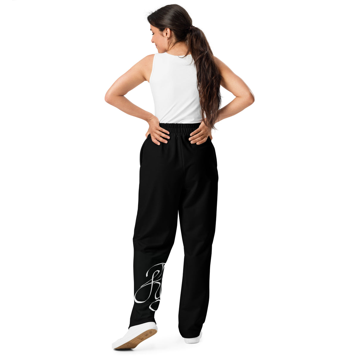 “INFINITE” & CROWN™ bottom-edge logo & design print [unisex wide-leg joggers] — Back view