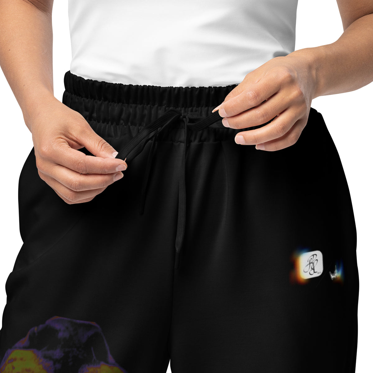 “FIRE” & CROWN™ bottom-edge logo & design print [unisex wide-leg joggers] — Front view