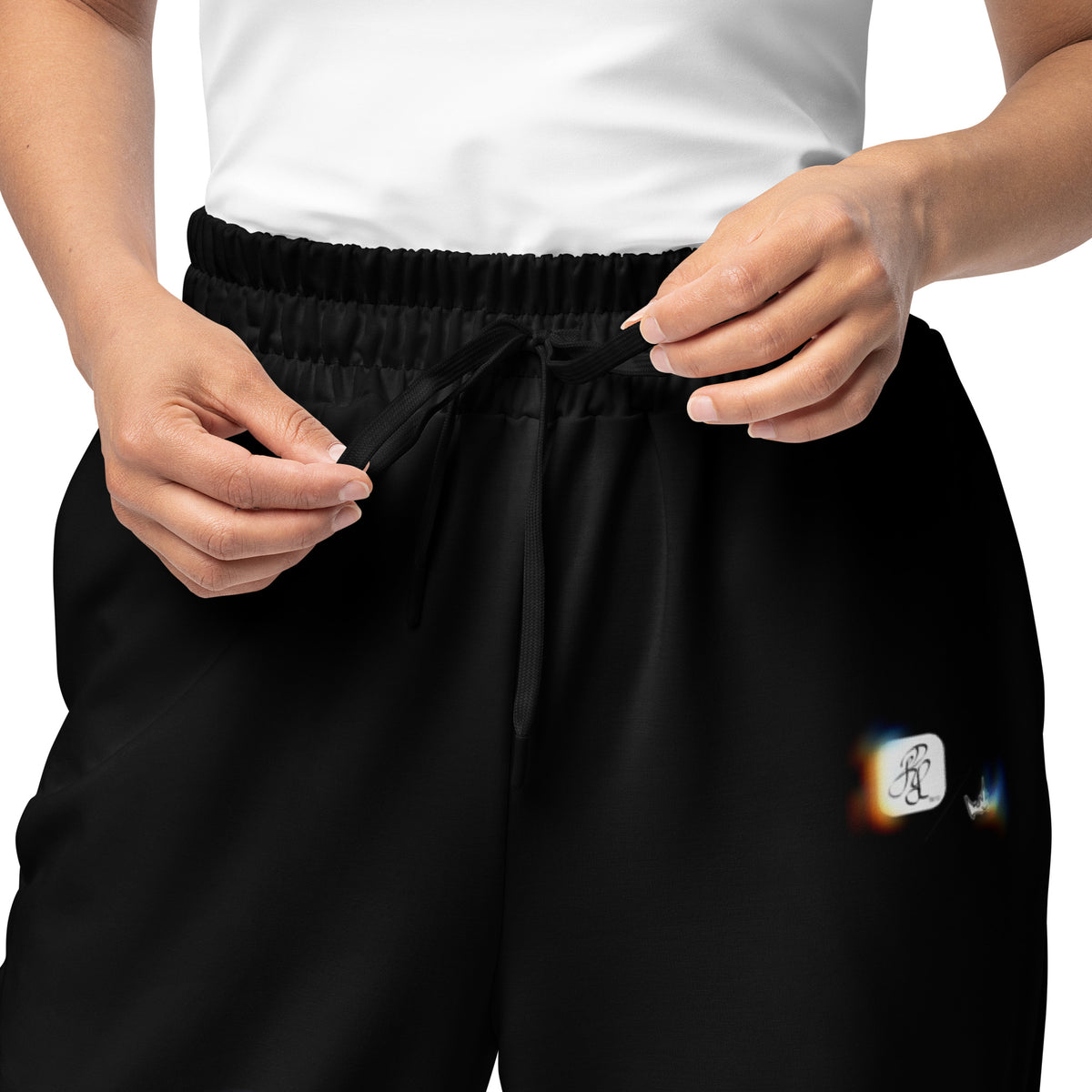 “INFINITE” & CROWN™ bottom-edge logo & design print [unisex wide-leg joggers] — Front view