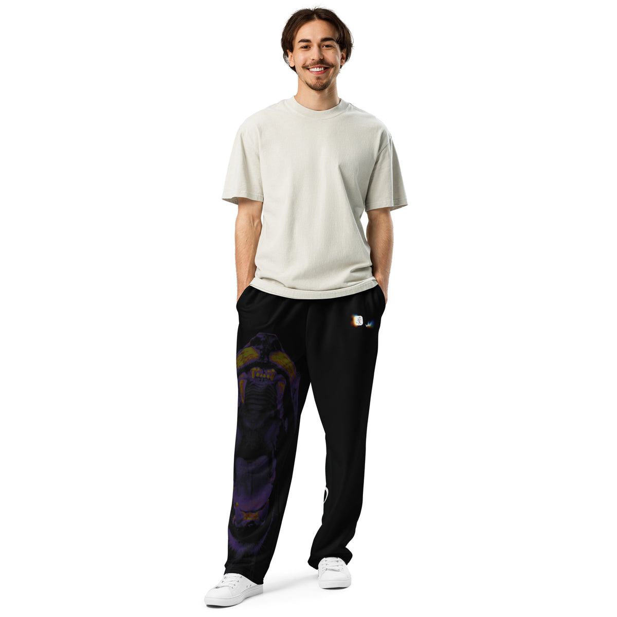 “FIRE” & CROWN™ bottom-edge logo & design print [unisex wide-leg joggers] — Front view