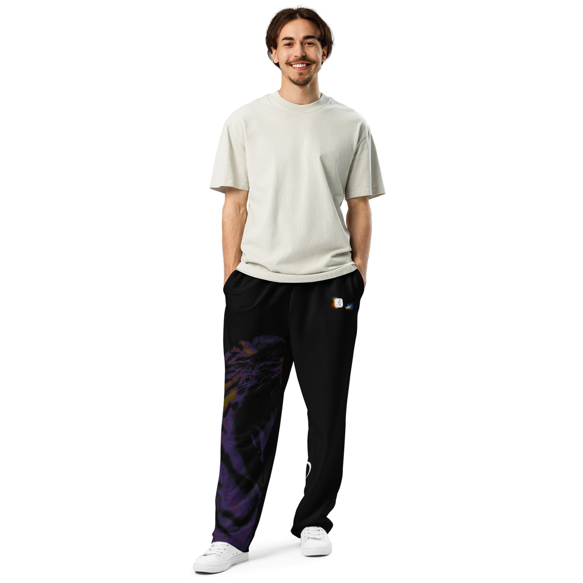 “POWER” & CROWN™ bottom-edge logo & design print [unisex wide-leg joggers] — Front view