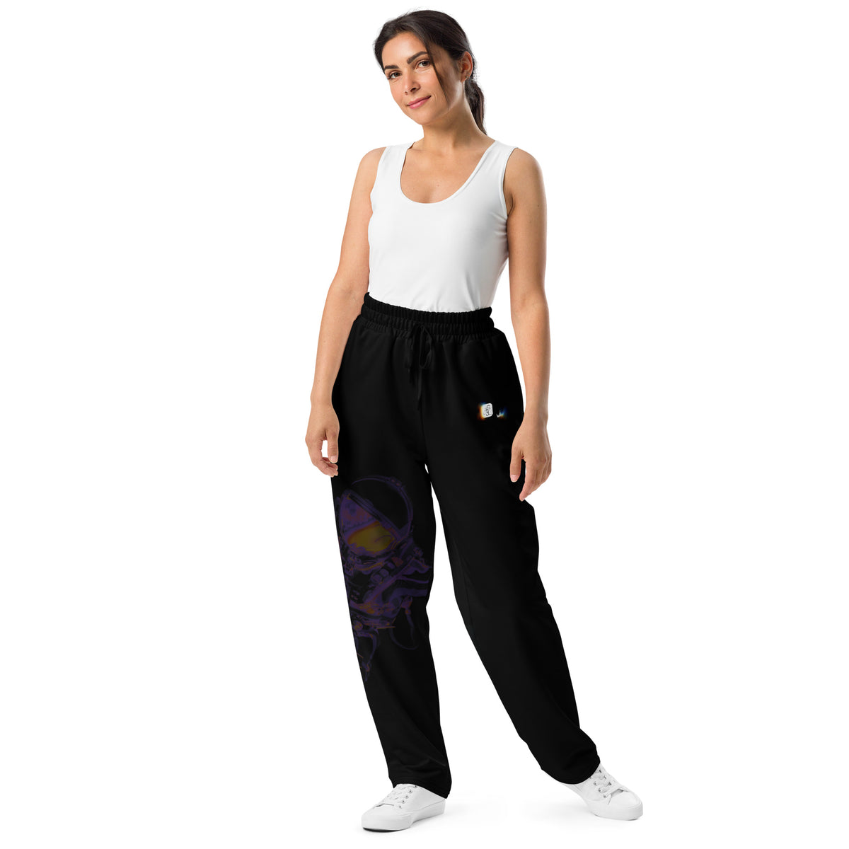 “INFINITE” & CROWN™ bottom-edge logo & design print [unisex wide-leg joggers] — Front view
