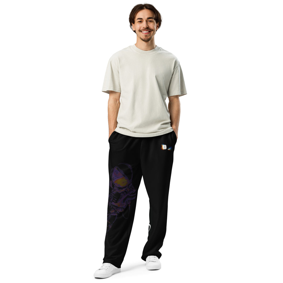 “INFINITE” & CROWN™ bottom-edge logo & design print [unisex wide-leg joggers] — Front view