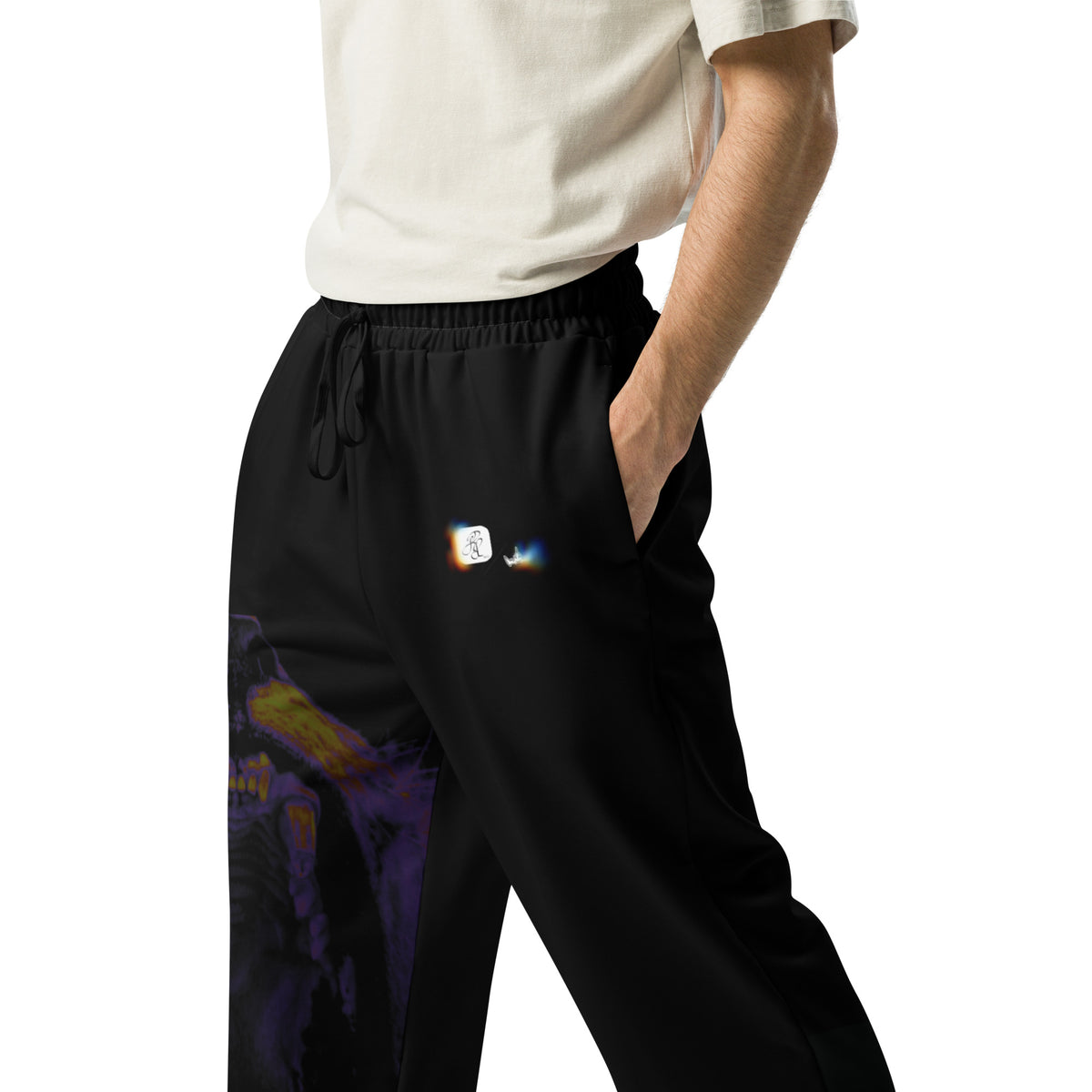 “FIRE” & CROWN™ bottom-edge logo & design print [unisex wide-leg joggers] — Left side view