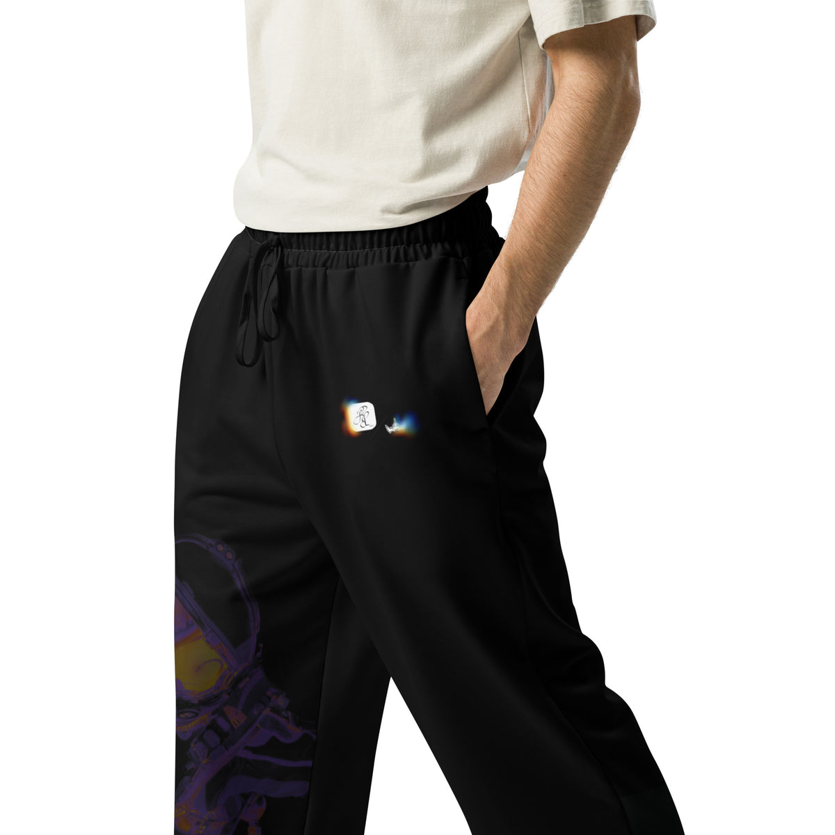 “INFINITE” & CROWN™ bottom-edge logo & design print [unisex wide-leg joggers] — Left side view
