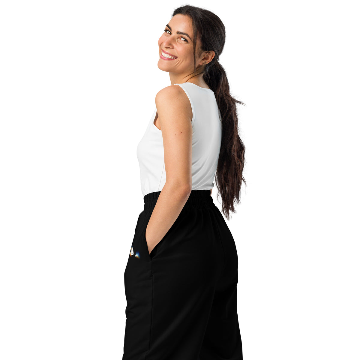 “POWER” & CROWN™ bottom-edge logo & design print [unisex wide-leg joggers] — Back view