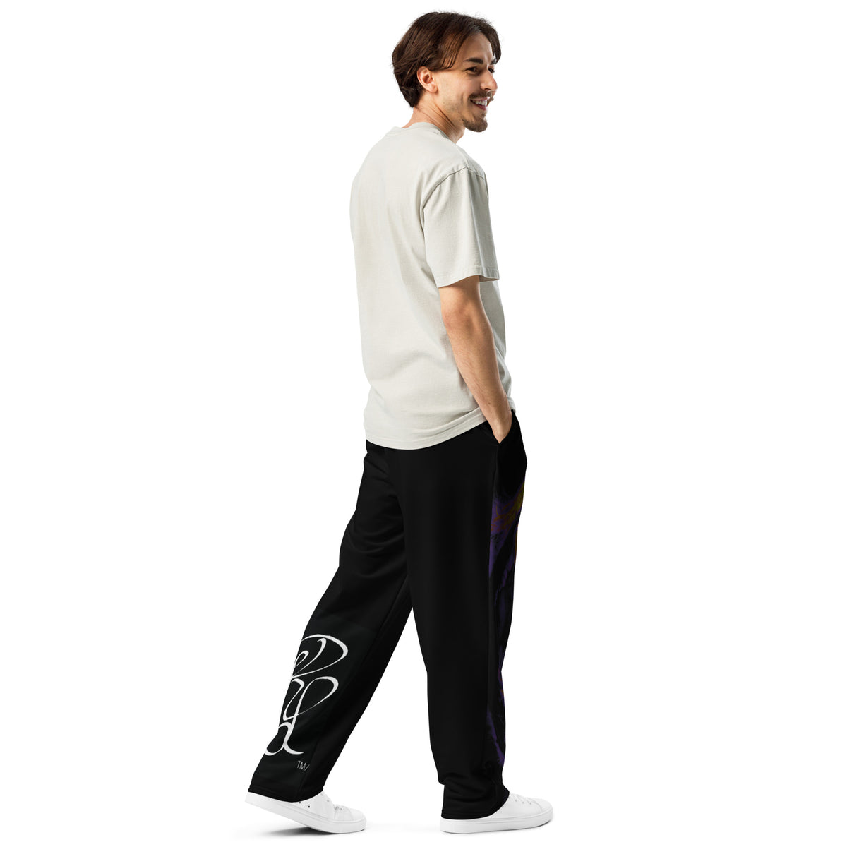 “FIRE” & CROWN™ bottom-edge logo & design print [unisex wide-leg joggers] — Back view