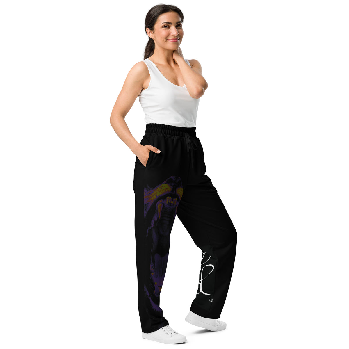 “FIRE” & CROWN™ bottom-edge logo & design print [unisex wide-leg joggers] — Right-front view