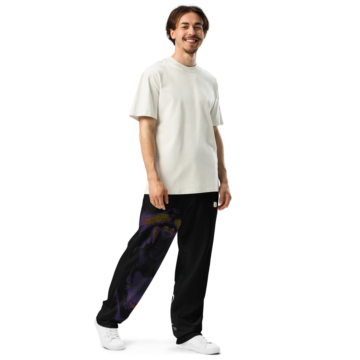 “FIRE” & CROWN™ bottom-edge logo & design print [unisex wide-leg joggers] — Right-front view