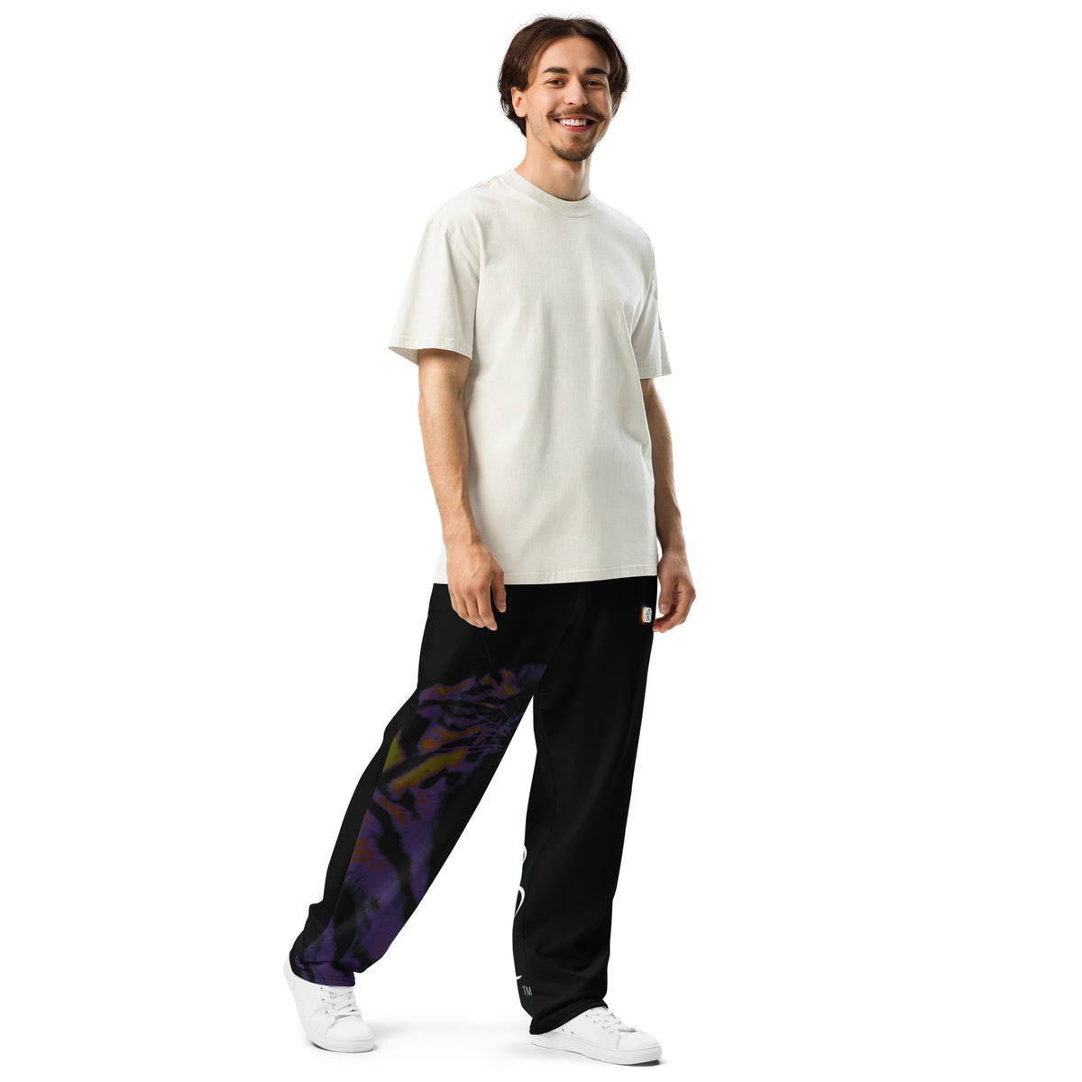 “POWER” & CROWN™ bottom-edge logo & design print [unisex wide-leg joggers] — Right-front view