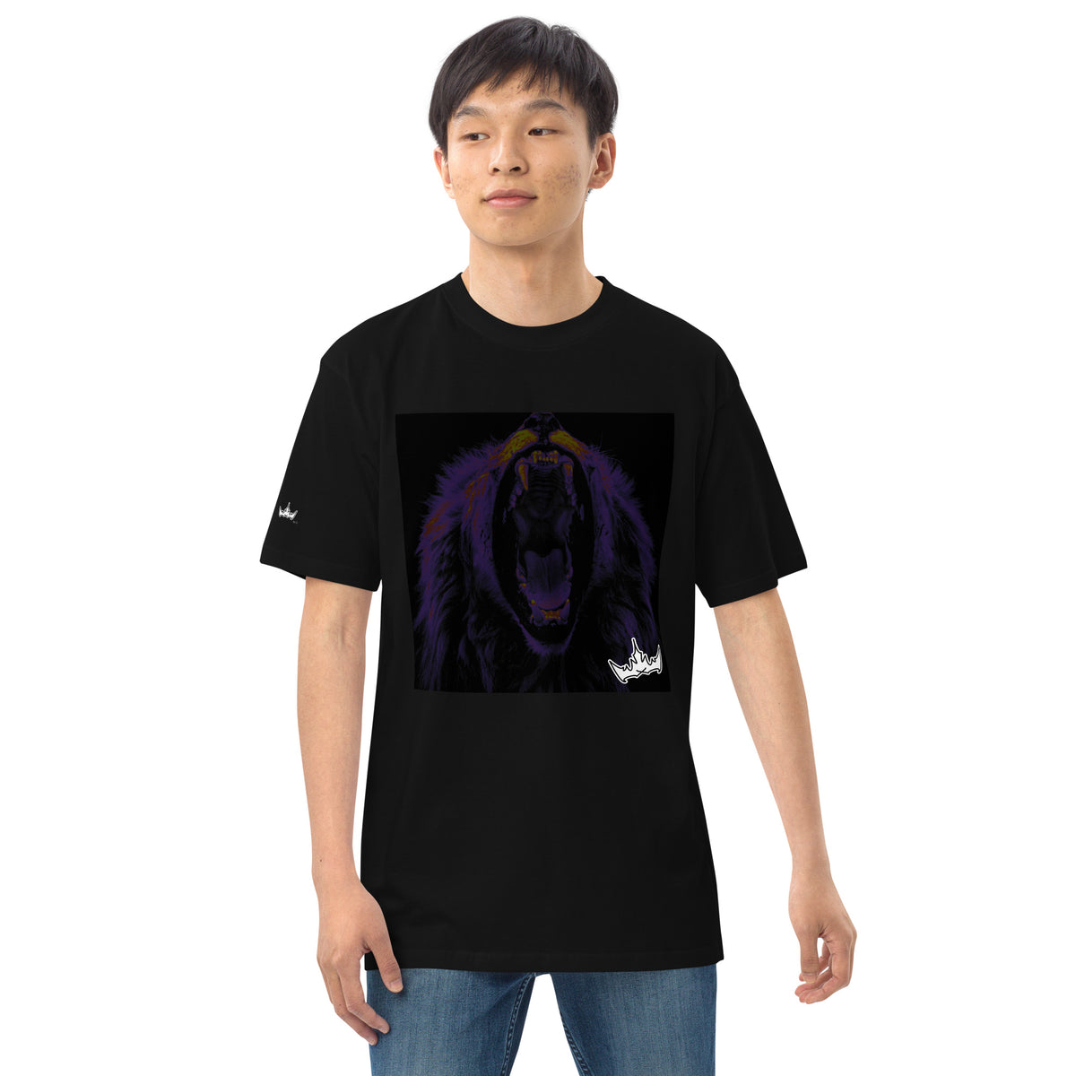“FIRE” & CROWN™ box logo & design print [men’s premium heavyweight tee] — Front view