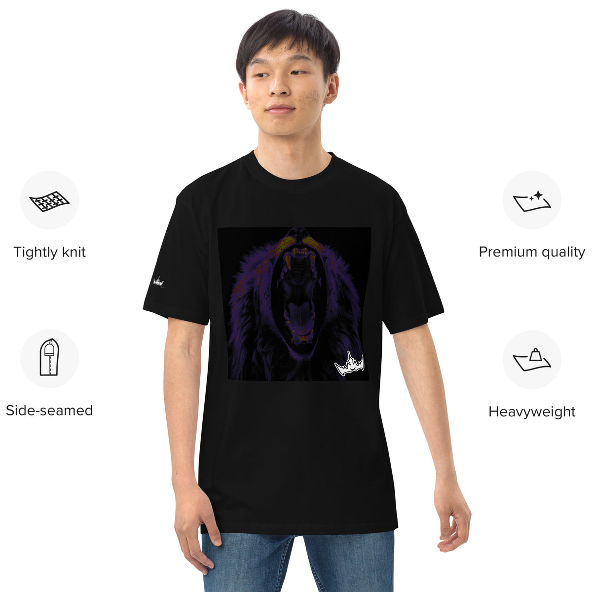 “FIRE” & CROWN™ box logo & design print [men’s premium heavyweight tee] — Front view