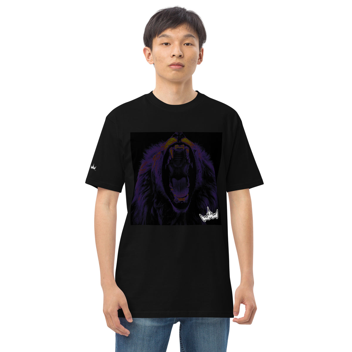 “FIRE” & CROWN™ box logo & design print [men’s premium heavyweight tee] — Front view