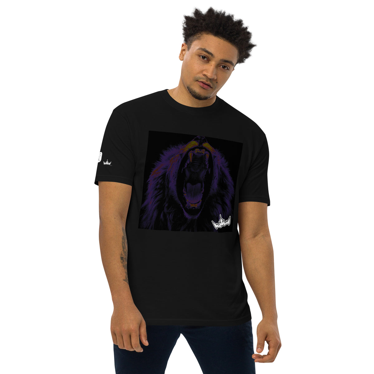 “FIRE” & CROWN™ box logo & design print [men’s premium heavyweight tee] — Front view
