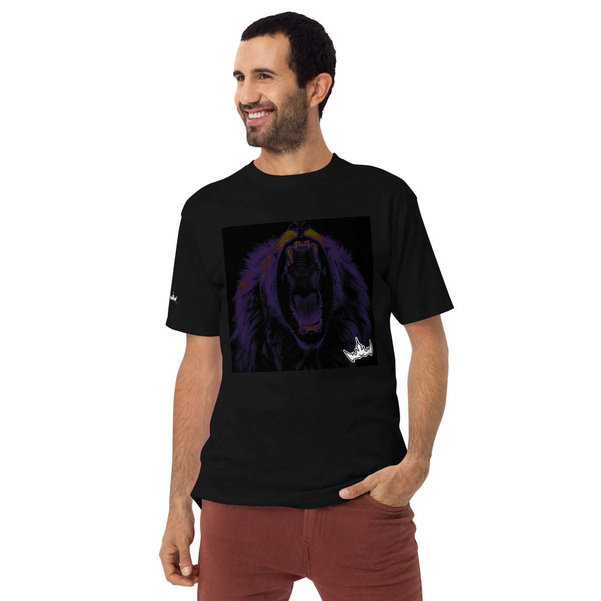 “FIRE” & CROWN™ box logo & design print [men’s premium heavyweight tee] — Front view