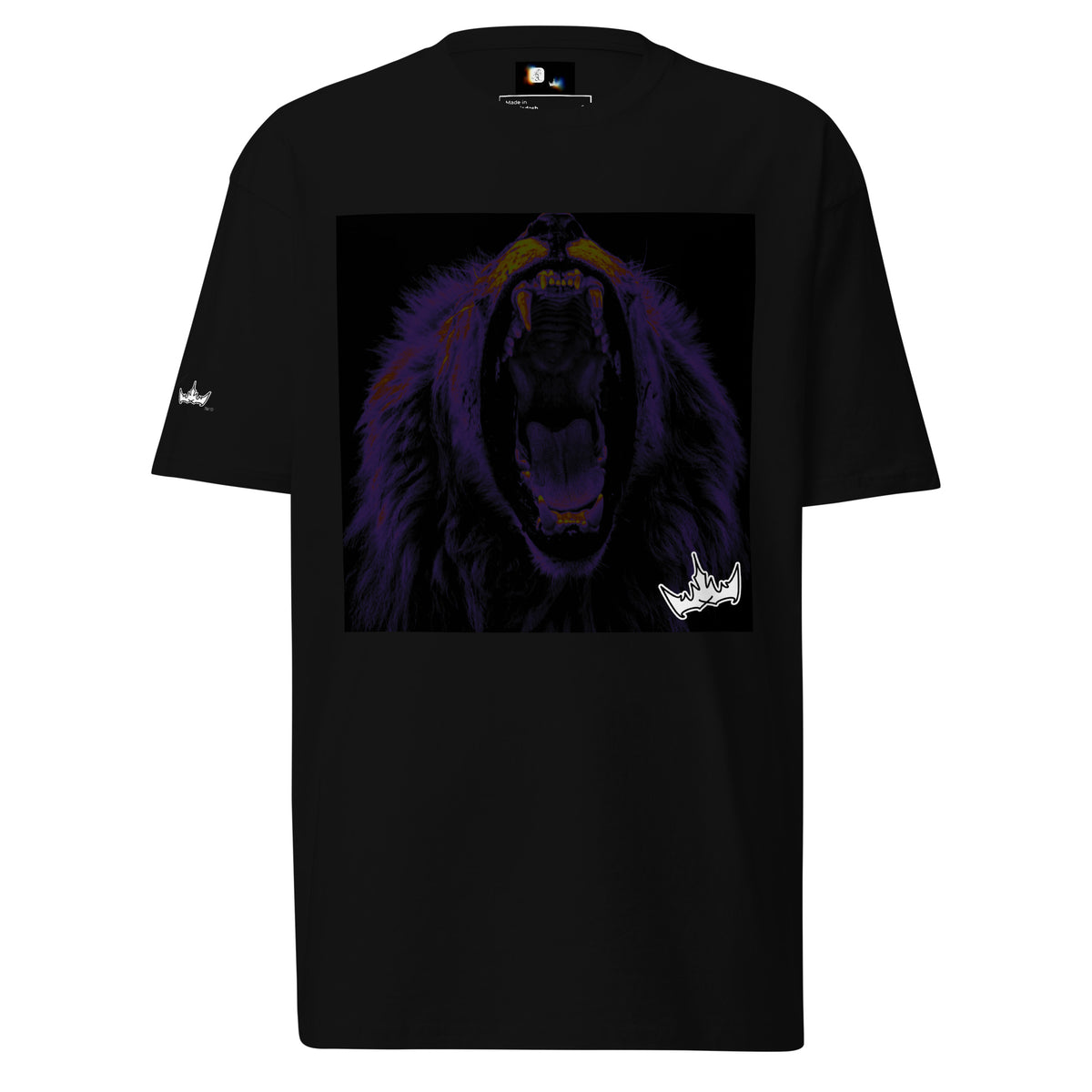 “FIRE” & CROWN™ box logo & design print [men’s premium heavyweight tee] — Front view