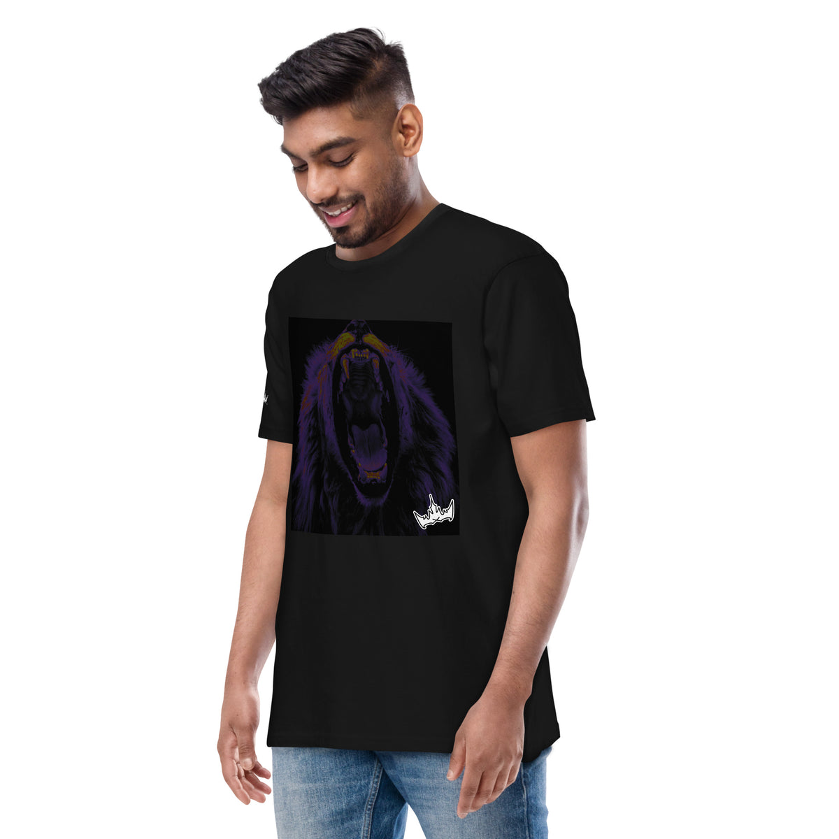 “FIRE” & CROWN™ box logo & design print [men’s premium heavyweight tee] — Front view