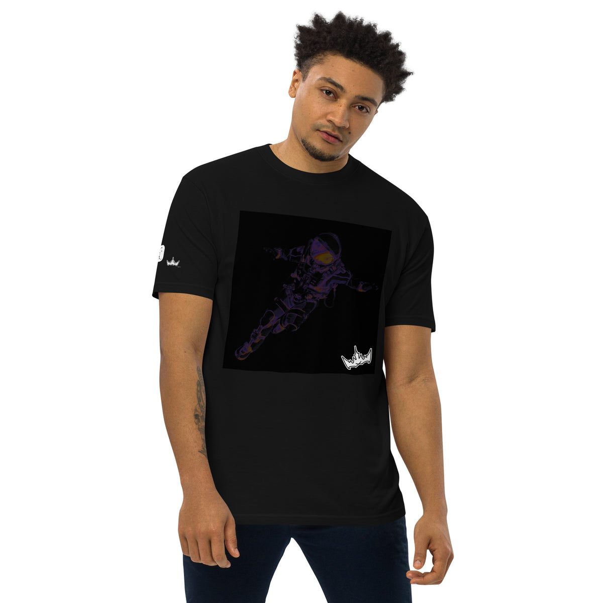 “INFINITE” & CROWN™ box logo & design print [men’s premium heavyweight tee] — Front view