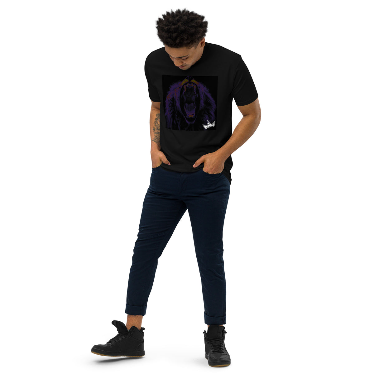 “FIRE” & CROWN™ box logo & design print [men’s premium heavyweight tee] — Left-front view